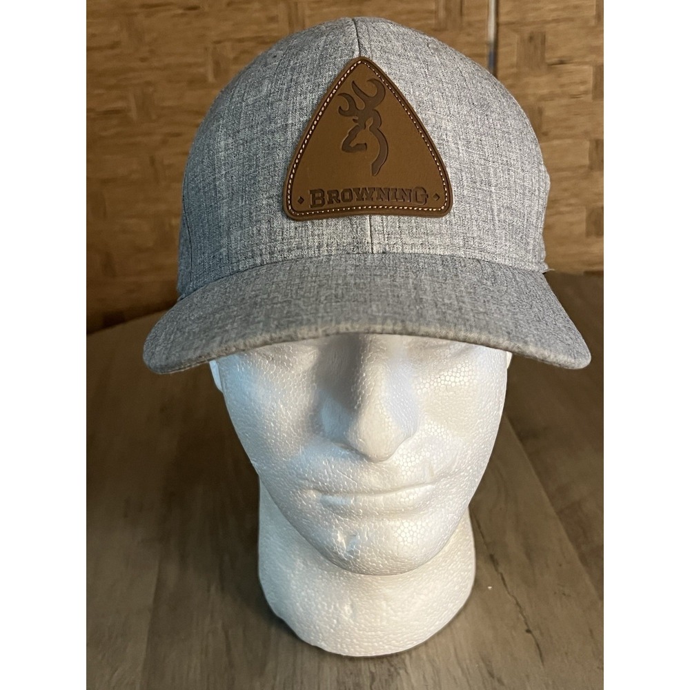 Browning Heather Gray SnapBack Hat Cap Leather Logo OSFM